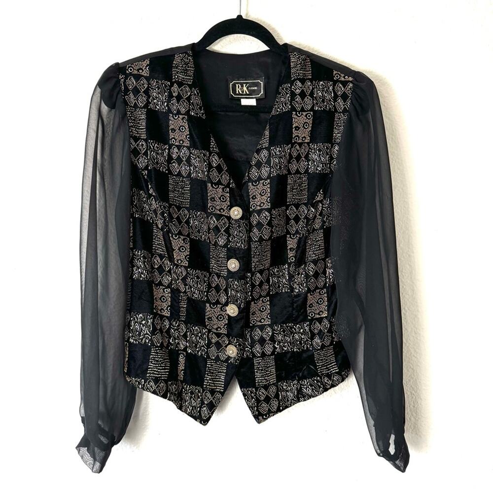 Vintage R&K Evening Black Velvet & Gold Button Up Blouse Size Large